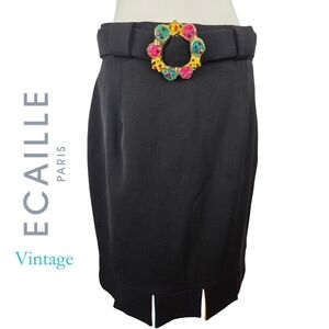 Ecaille Paris Vintage Black Pencil Skirt with Decorative Buckle